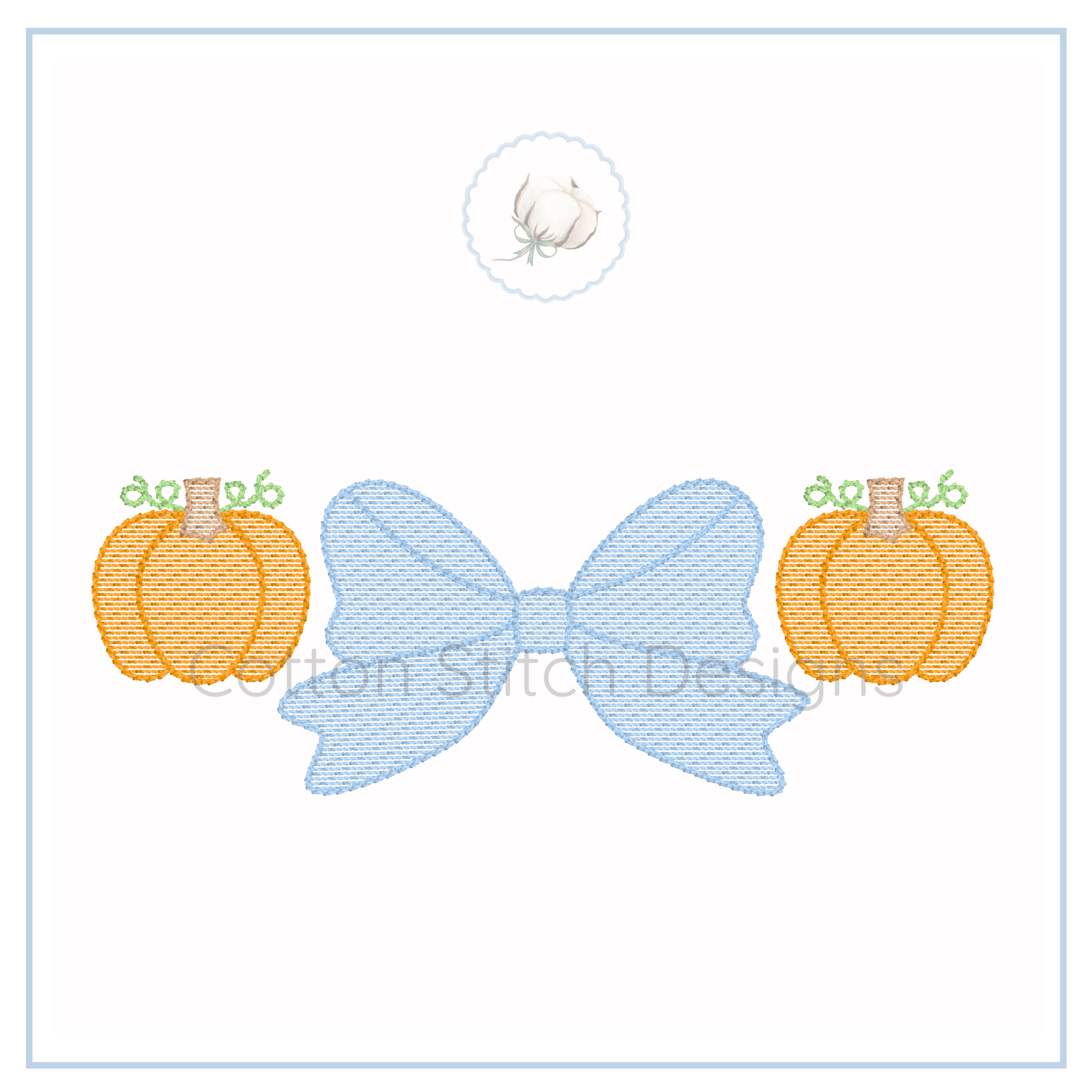 Machine Embroidery design Cotton Stitch Designs Embroidery design of a blue bow with two orange pumpkins on a white background