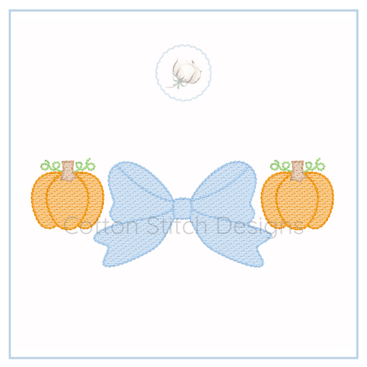 Machine Embroidery design Cotton Stitch Designs Embroidery design of a blue bow with two orange pumpkins on a white background