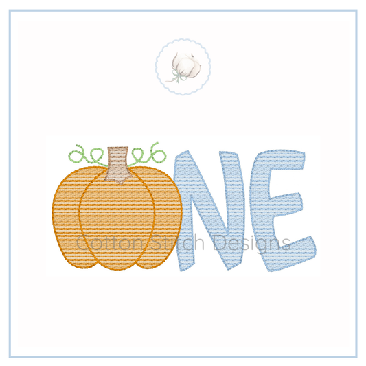 Machine Embroidery design Cotton Stitch Designs two pumpkins and the word 'ONE' on a white background.