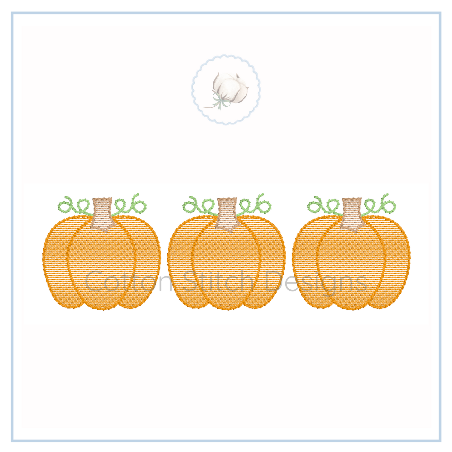 Machine Embroidery design Cotton Stitch Designs Three orange pumpkins with green stems on a white background, featuring the Coiled Stitch Designs logo.