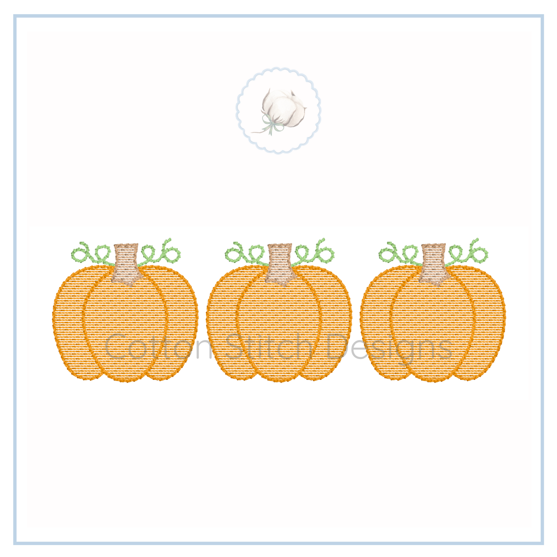 Machine Embroidery design Cotton Stitch Designs Three orange pumpkins with green stems on a white background, featuring the Coiled Stitch Designs logo.
