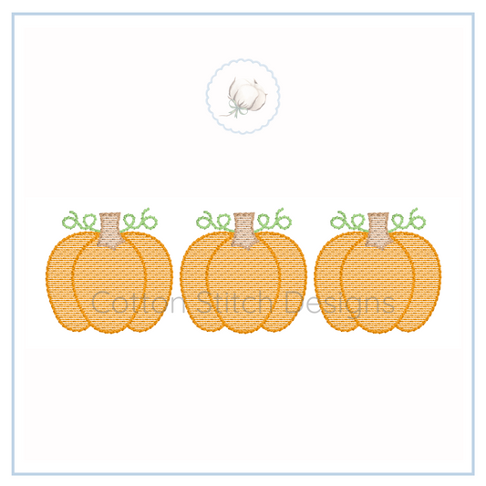 Machine Embroidery design Cotton Stitch Designs Three orange pumpkins with green stems on a white background, featuring the Coiled Stitch Designs logo.