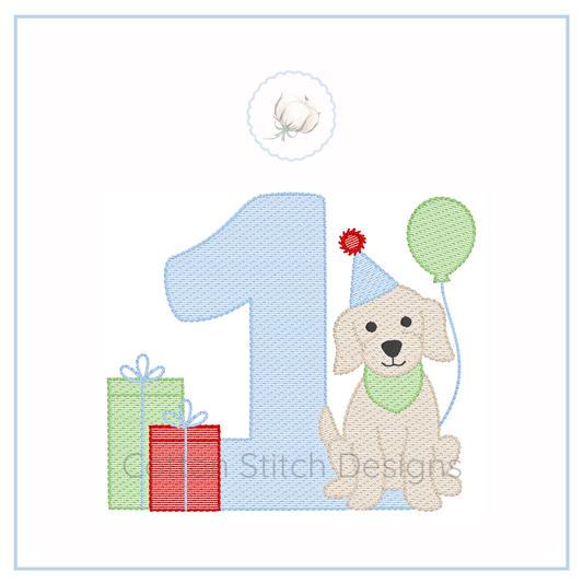 Machine Embroidery design Cotton Stitch Designs Embroidery design of a dog with balloons and presents next to the number '1'.