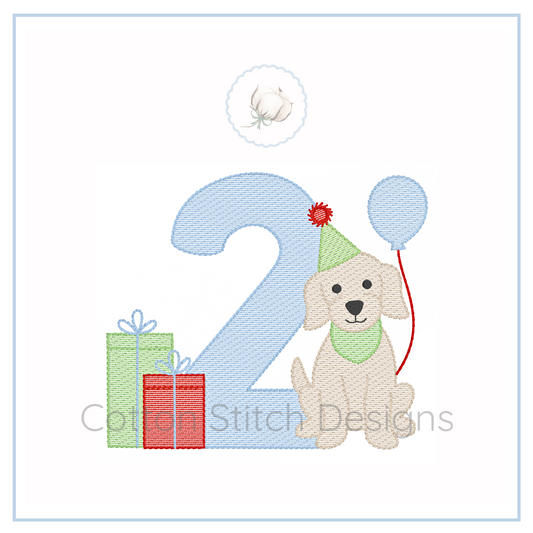 Machine Embroidery design Cotton Stitch Designs Embroidery design of a dog with a party hat, balloons, and presents next to the number 2.