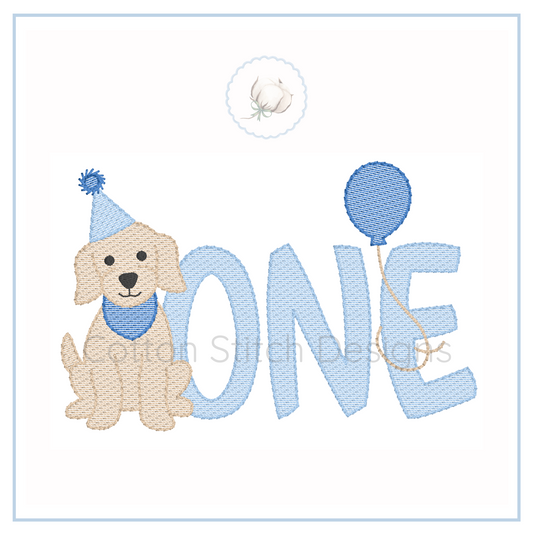 Machine Embroidery design Cotton Stitch Designs Embroidery design with a puppy and balloon text on a white background