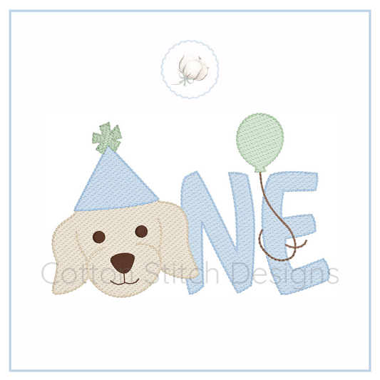 Machine Embroidery design Cotton Stitch Designs Embroidery design with a dog face, blue hat, and balloon with 'ONE' text on a white background.