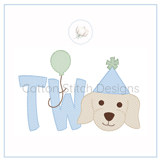 Machine Embroidery design Cotton Stitch Designs Embroidery design with 'TWO' and a dog wearing a party hat on a white background.