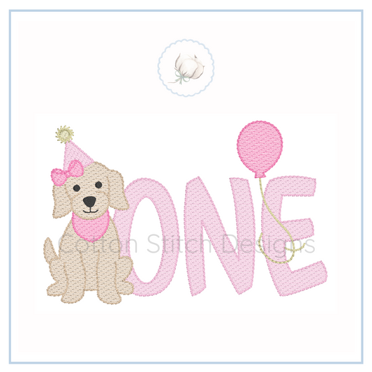 Machine Embroidery design Cotton Stitch Designs Embroidery design of a dog with a party hat and balloon next to the word 'ONE'.
