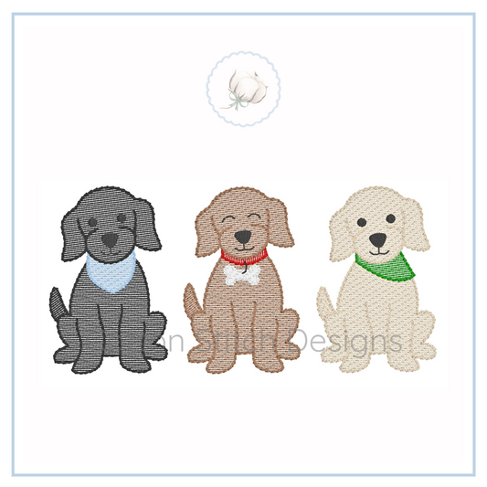 Machine Embroidery design Cotton Stitch Designs Three embroidered dogs with colorful collars on a white background