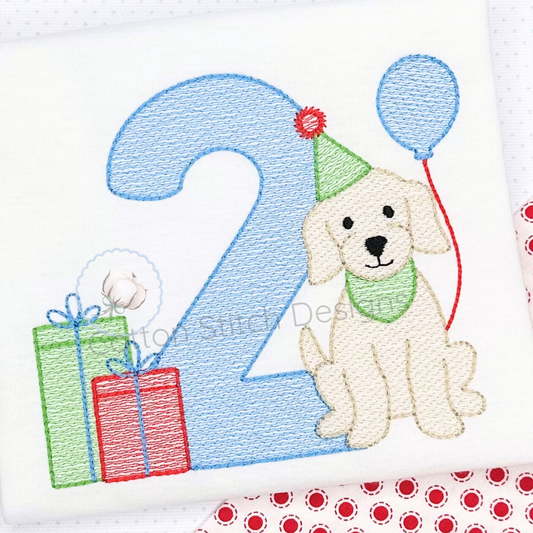 Machine Embroidery design Cotton Stitch Designs Embroidered design with number '2', dog, balloons, and presents on a white background.