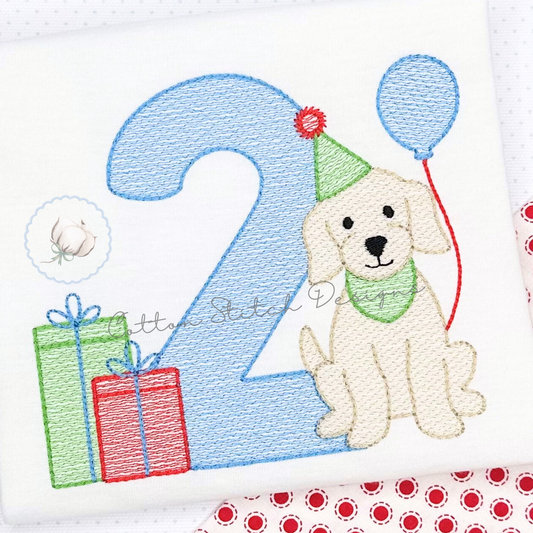 Puppy Birthday Number Two Embroidery Design