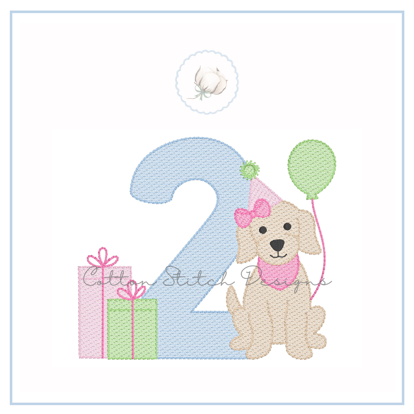 Puppy Girl Birthday Number Two Embroidery Design