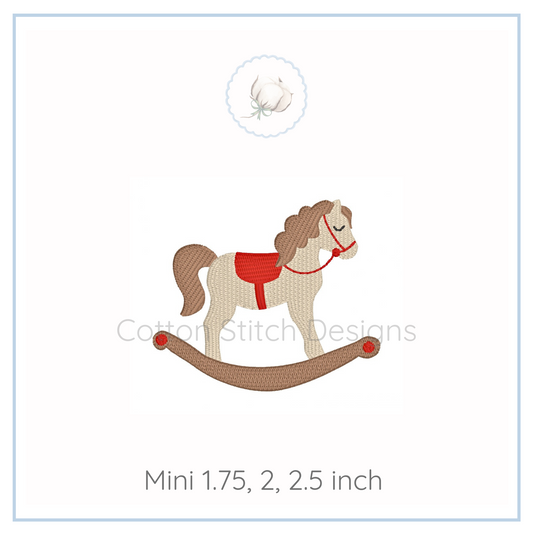 Machine Embroidery design Cotton Stitch Designs Miniature rocking horse design on a white background with 'Cotton Stitch Designs' branding.