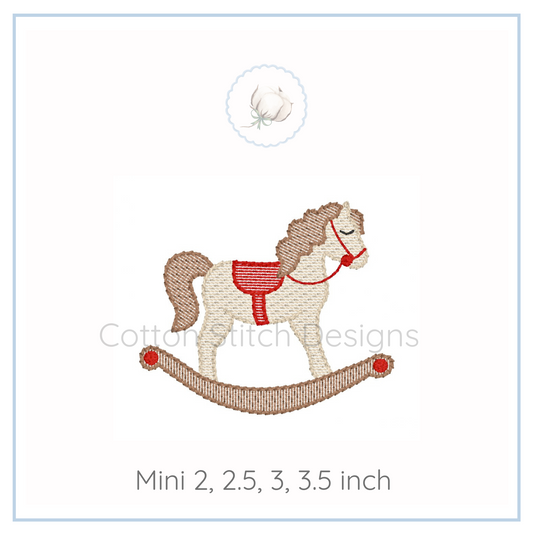 Machine Embroidery design Cotton Stitch Designs Embroidered design of a rocking horse on a white background with 'Cotton Stitch Designs' branding.