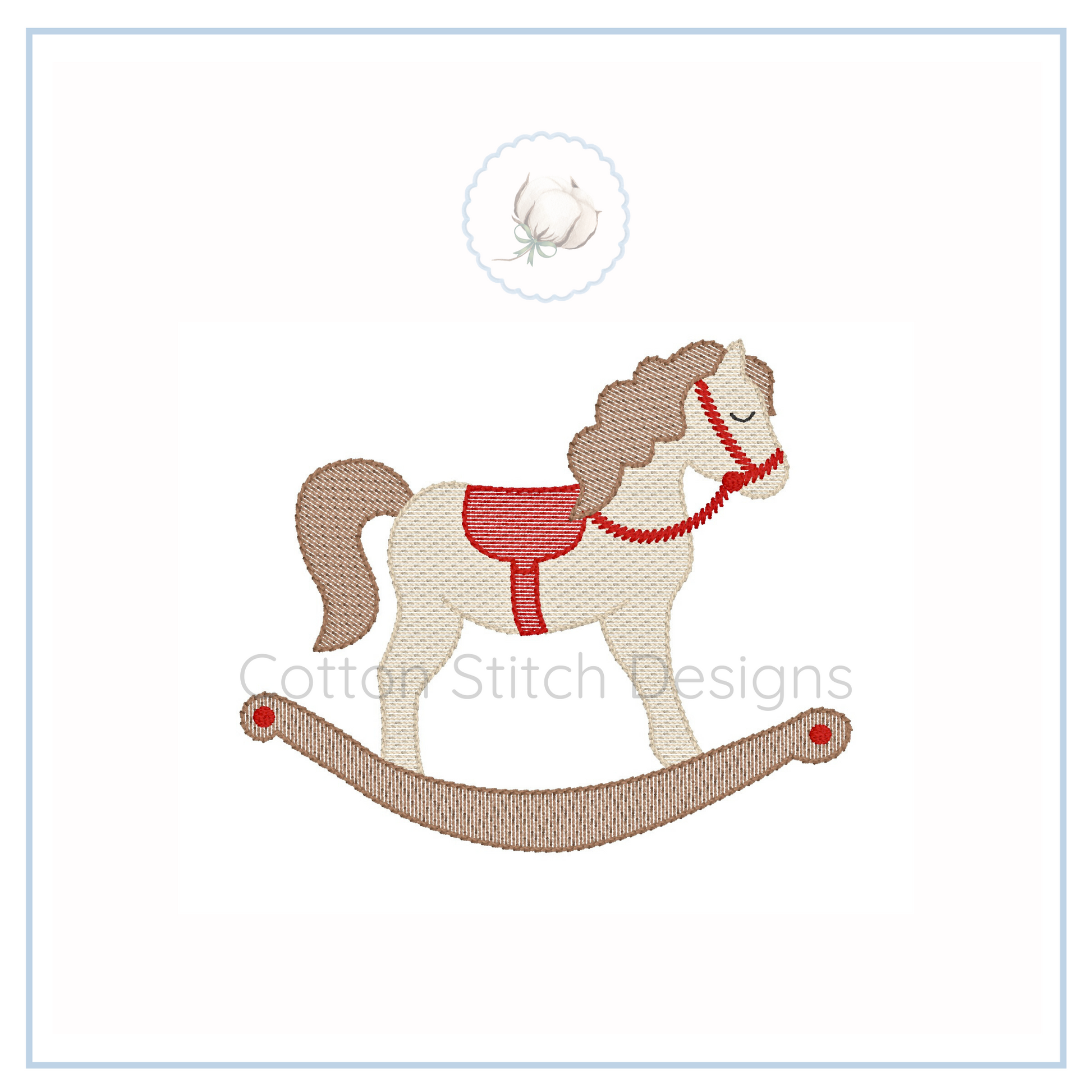 Machine Embroidery design Cotton Stitch Designs Embroidered design of a rocking horse with a red saddle on a white background, branded 'Cotton Stitch Designs'.