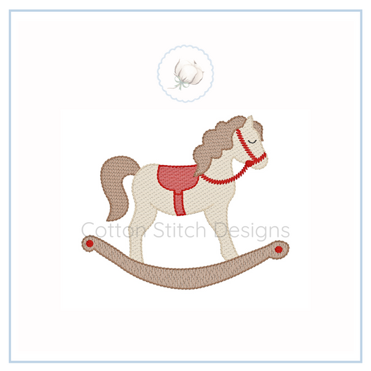 Machine Embroidery design Cotton Stitch Designs Embroidered design of a rocking horse with a red saddle on a white background, branded 'Cotton Stitch Designs'.