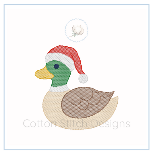 Machine Embroidery design Cotton Stitch Designs Embroidered duck wearing a Santa hat with 'Cotton Stitch Designs' branding.