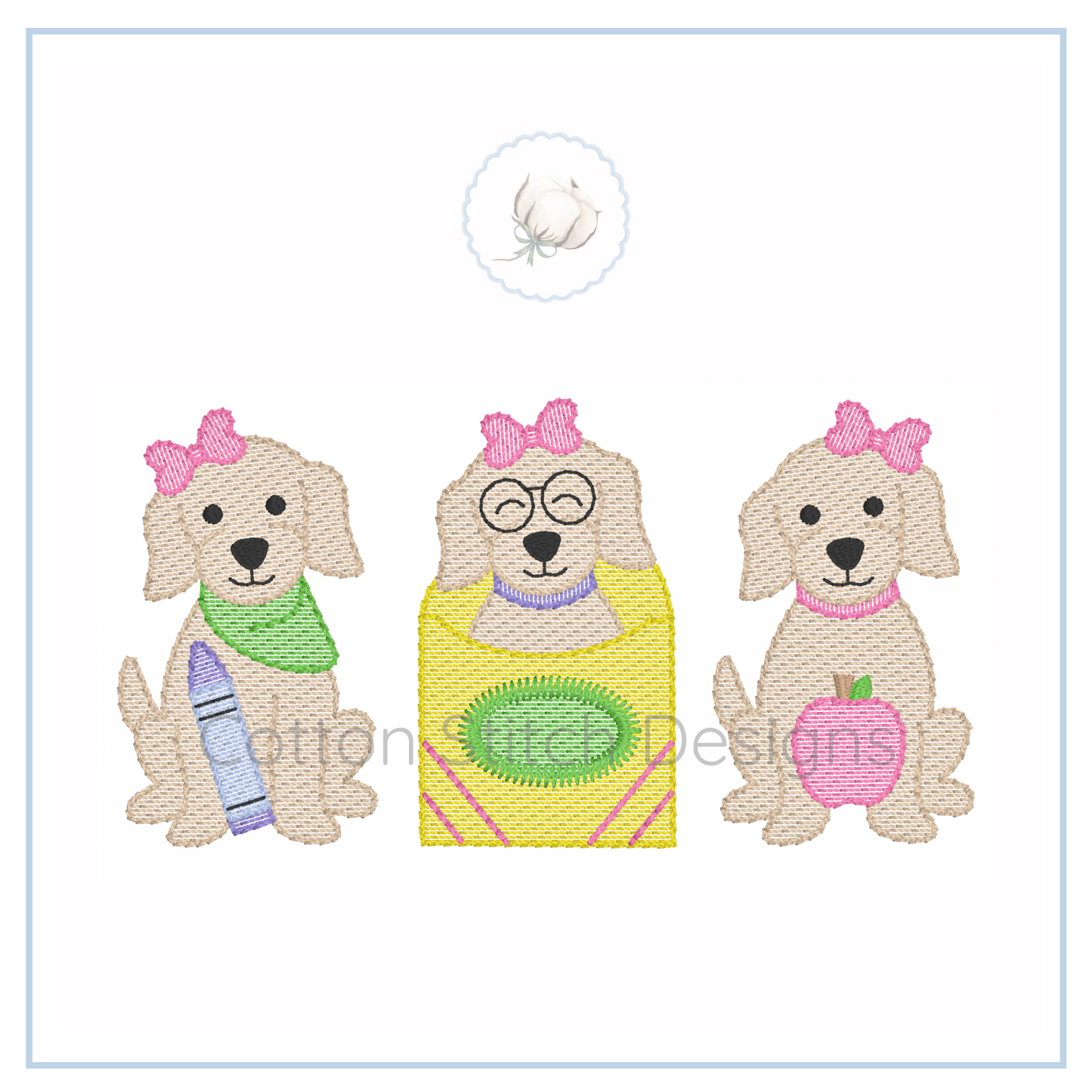 Machine Embroidery design Cotton Stitch Designs Three embroidered dogs with accessories on a white background