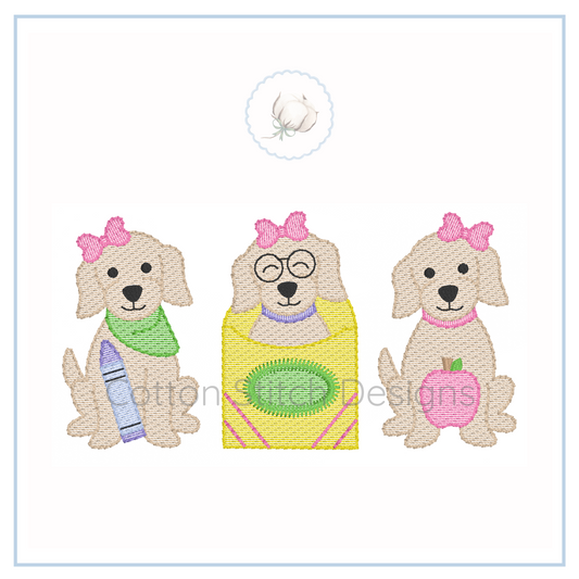 Machine Embroidery design Cotton Stitch Designs Three embroidered dogs with accessories on a white background