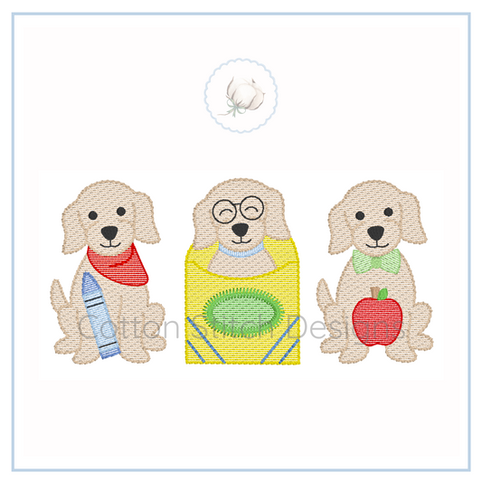 Machine Embroidery design Cotton Stitch Designs Three embroidered dogs with accessories on a white background