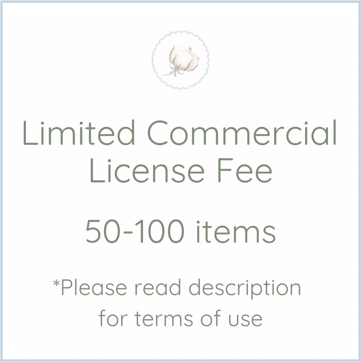 Machine Embroidery design Cotton Stitch Designs Text indicating a limited commercial license fee for 50-100 items with a placeholder icon.