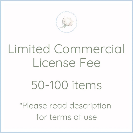 Machine Embroidery design Cotton Stitch Designs Text indicating a limited commercial license fee for 50-100 items with a placeholder icon.