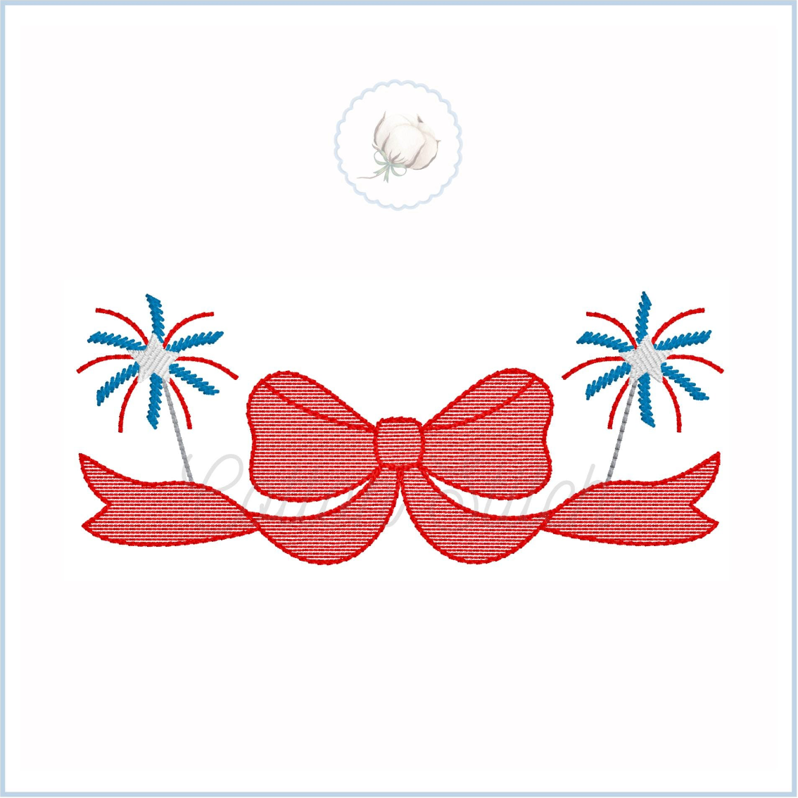 Machine Embroidery design Cotton Stitch Designs Embroidered design of a red bow with blue fireworks on a white background