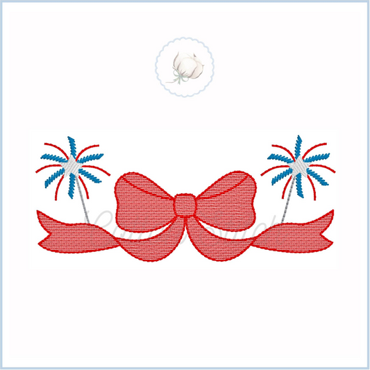 Machine Embroidery design Cotton Stitch Designs Embroidered design of a red bow with blue fireworks on a white background