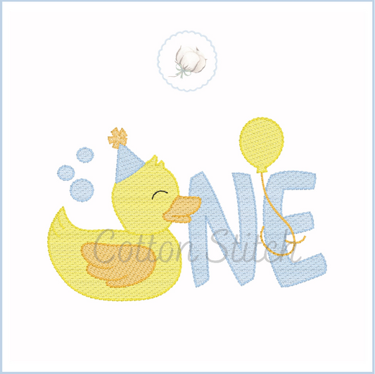 Machine Embroidery design Cotton Stitch Designs Embroidery design with a yellow duck, party hat, balloon, and the word 'ONE' on a white background.