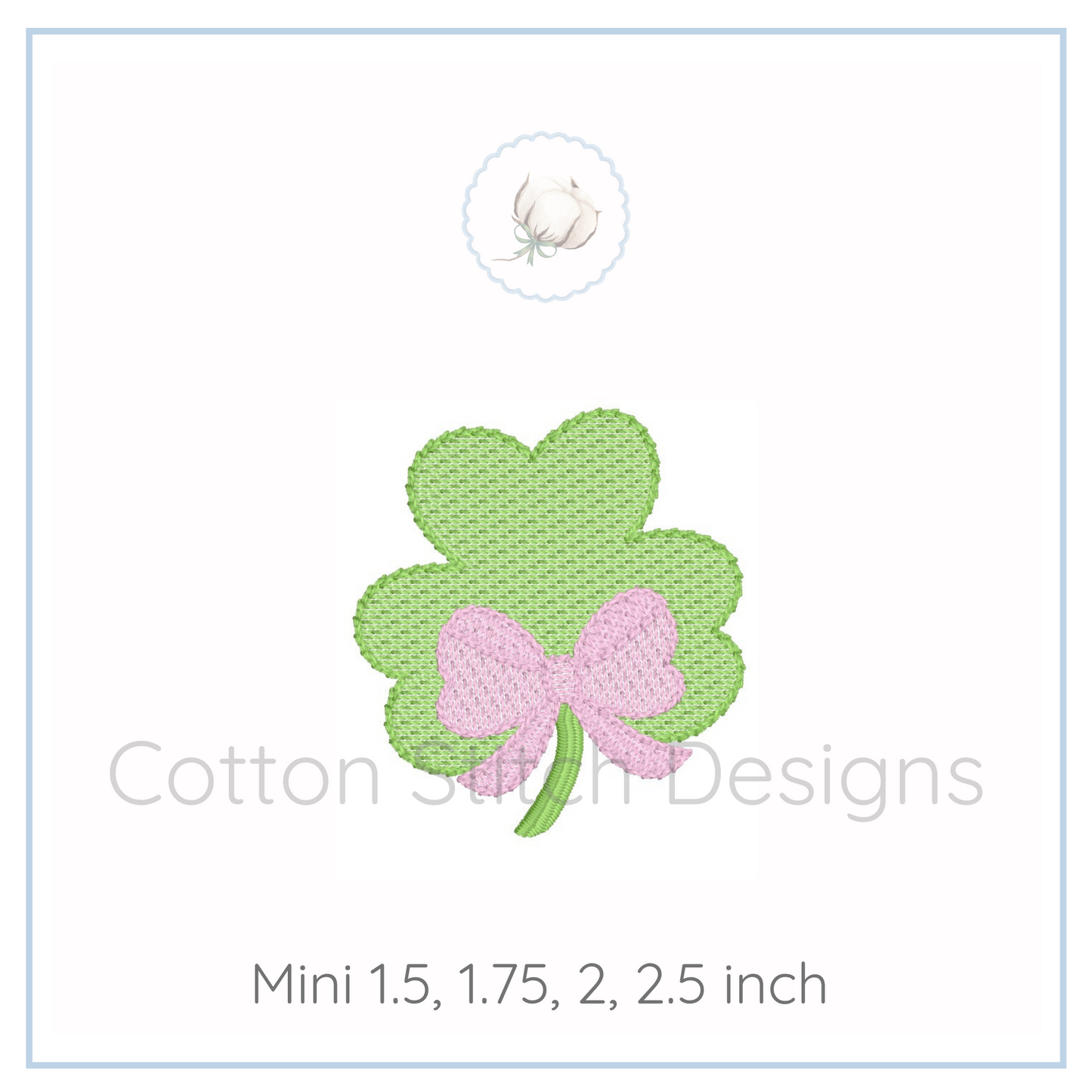 Machine Embroidery design Cotton Stitch Designs Four-leaf clover with a pink bow on a white background, branded 'Cotton Scroll Designs'.