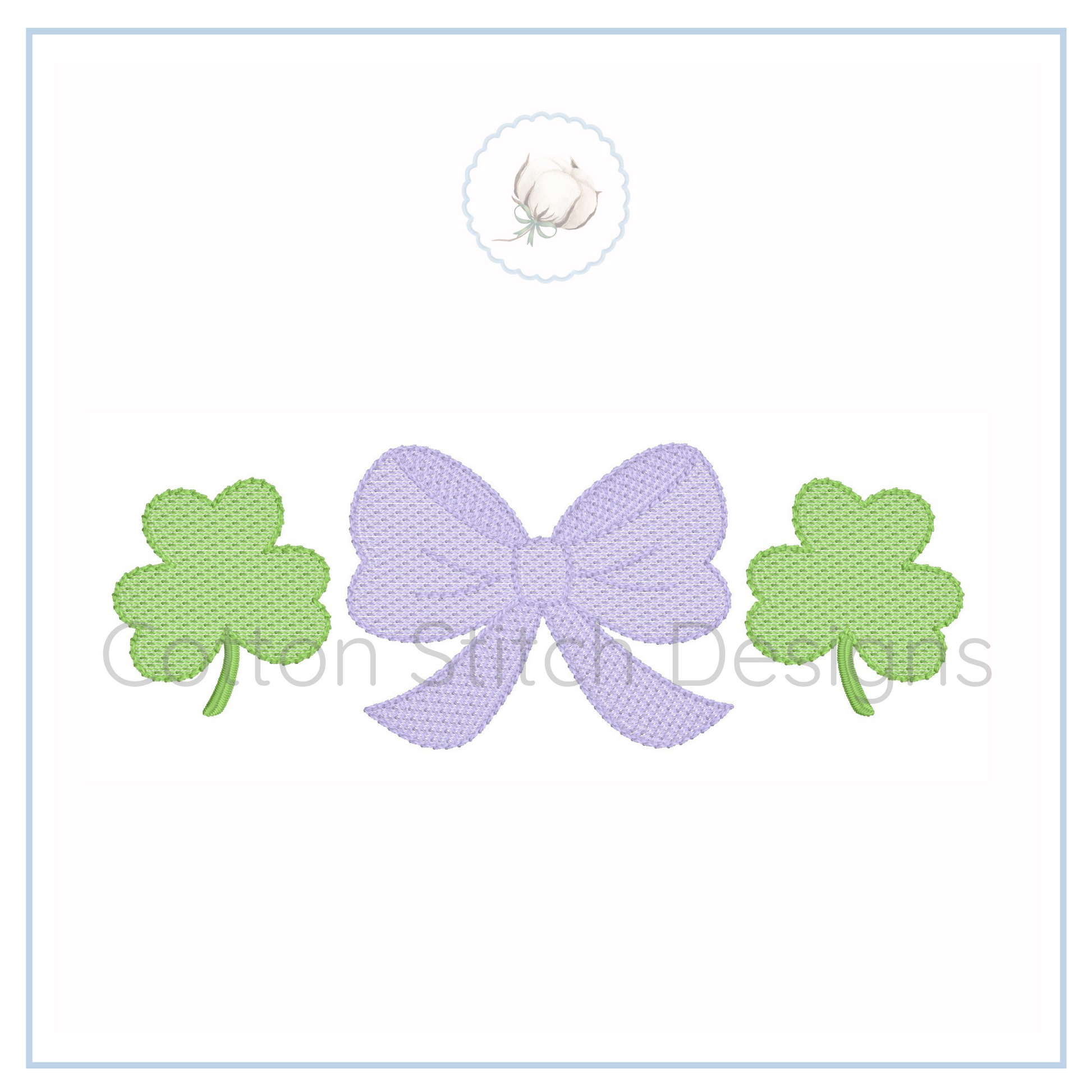 Machine Embroidery design Cotton Stitch Designs Embroidered design of a bow and two shamrocks on a white background with 'Cotton Stitch Designs' branding.