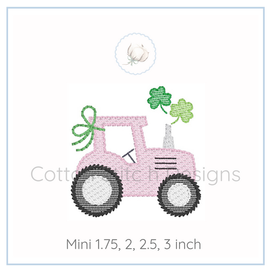 Machine Embroidery design Cotton Stitch Designs Embroidery design of a pink tractor with green clover leaves on a white background.