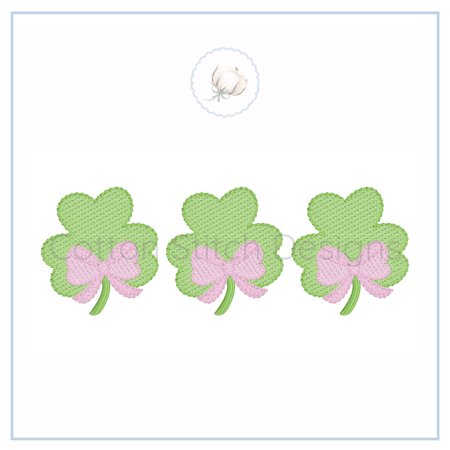Machine Embroidery design Cotton Stitch Designs Three green shamrock-shaped earrings with pink bows on a white card.