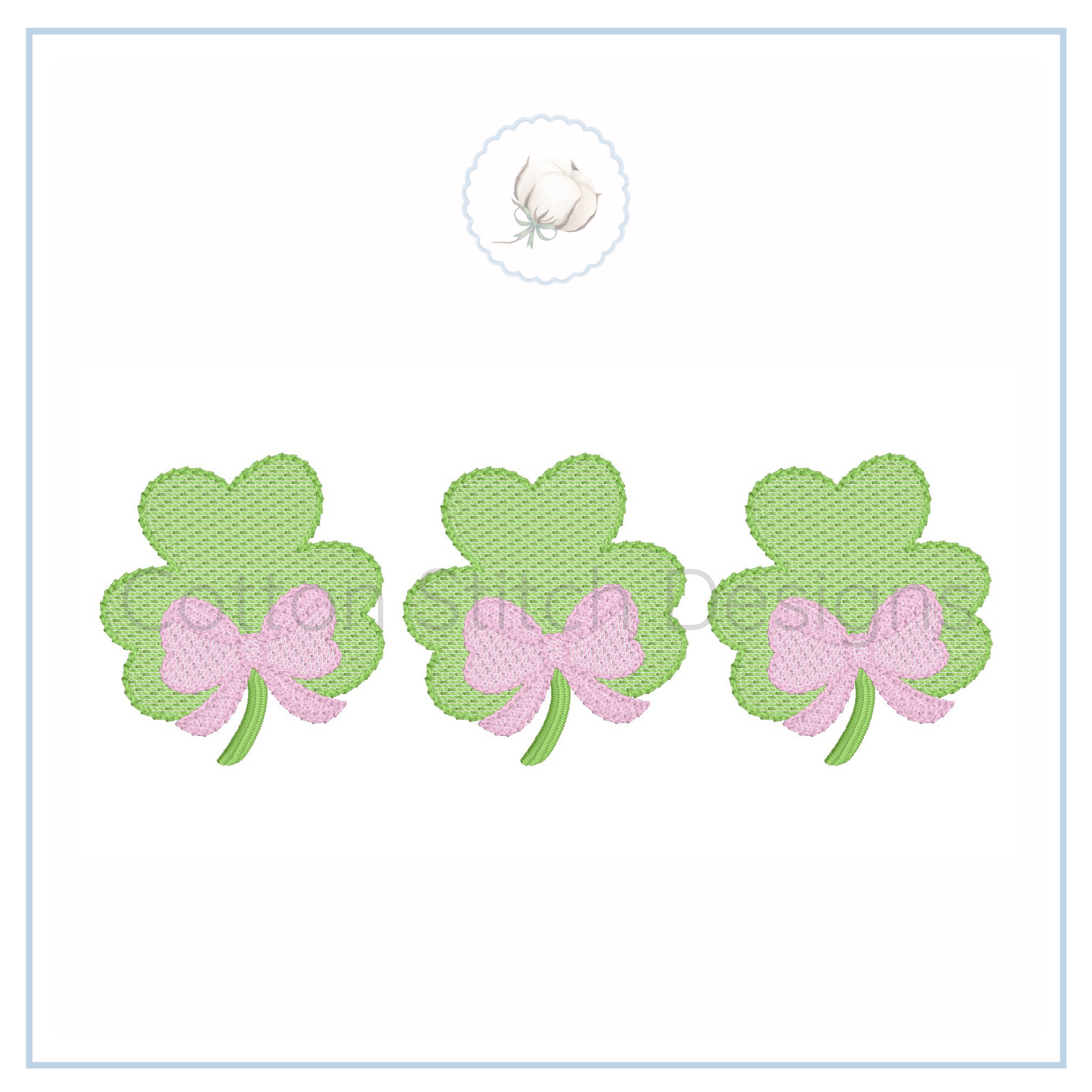 Machine Embroidery design Cotton Stitch Designs Three green shamrock-shaped earrings with pink bows on a white card.