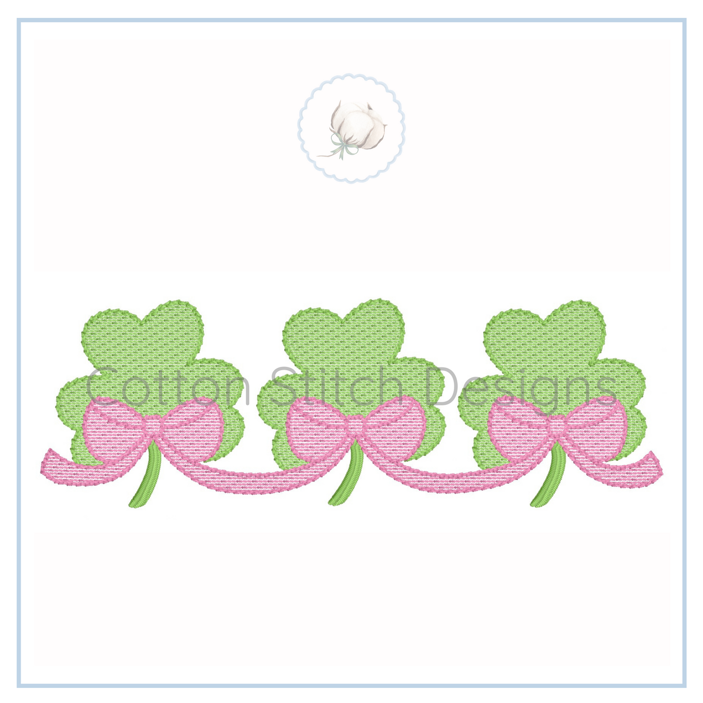 Machine Embroidery design Cotton Stitch Designs Three green shamrocks with pink bows on a white background