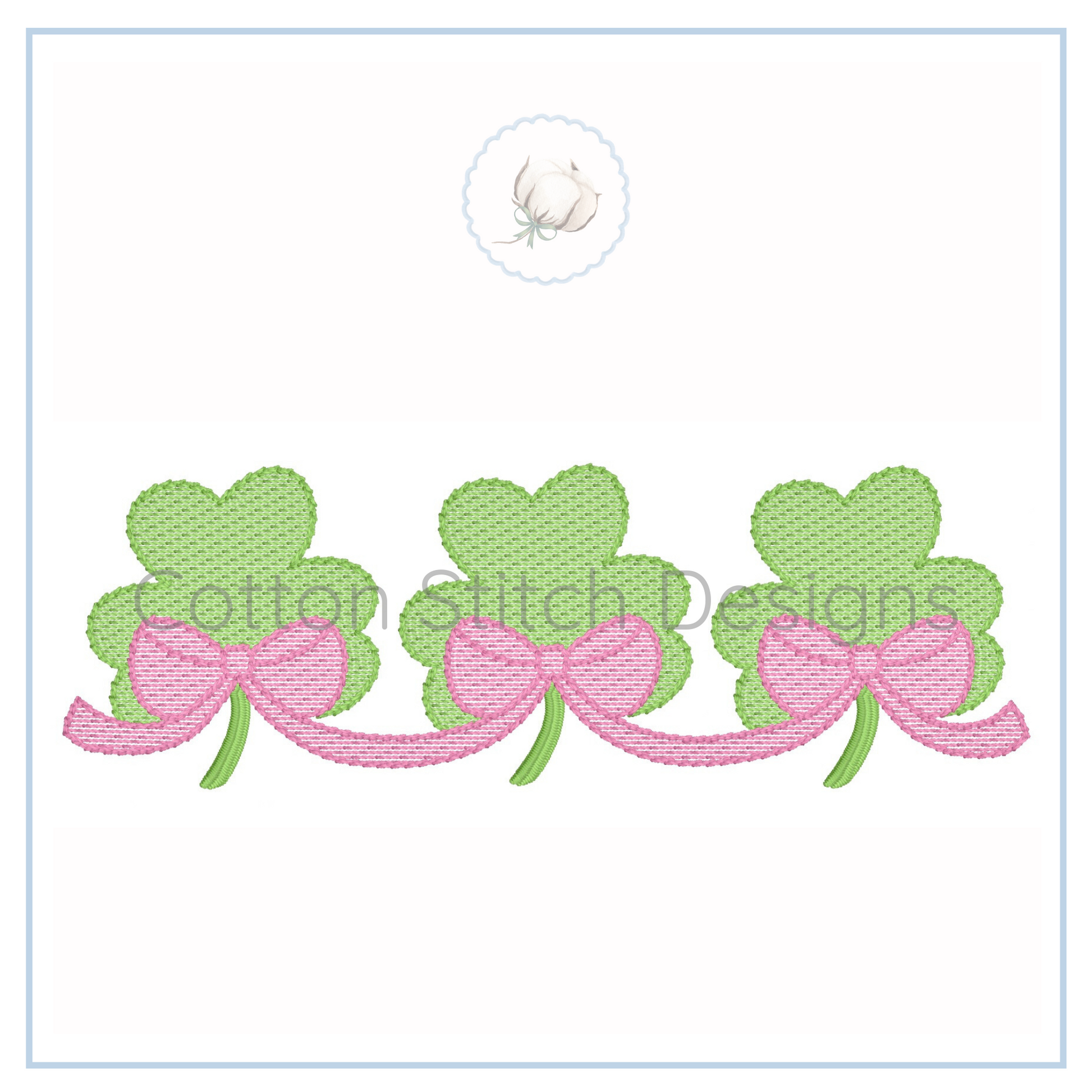 Machine Embroidery design Cotton Stitch Designs Three green shamrocks with pink bows on a white background