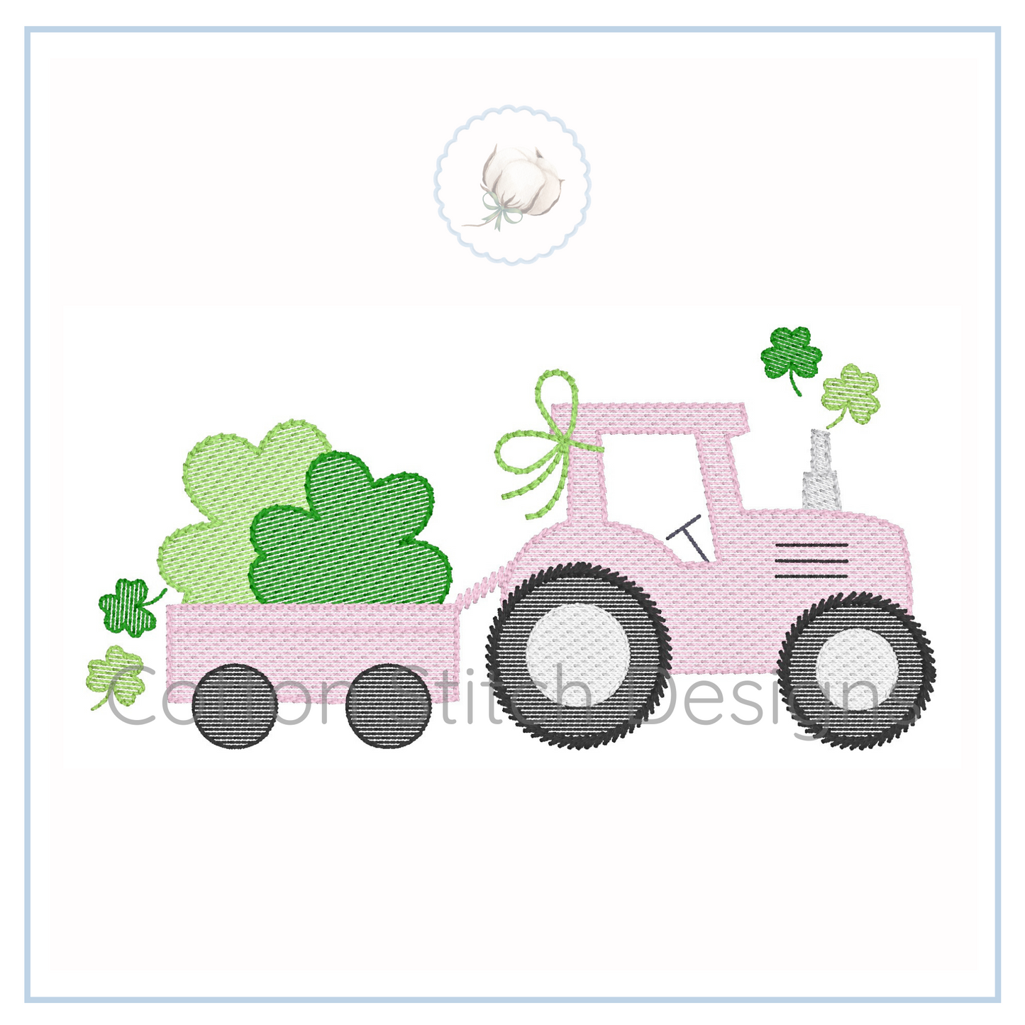 Machine Embroidery design Cotton Stitch Designs Pink tractor with green leaves on a white background