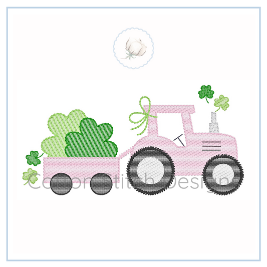 Machine Embroidery design Cotton Stitch Designs Pink tractor with green leaves on a white background