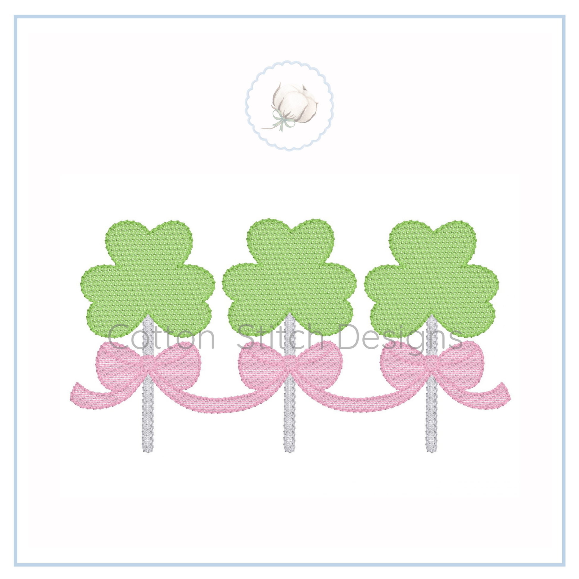 Machine Embroidery design Cotton Stitch Designs Three green four-leaf clover designs with pink bows on a white background