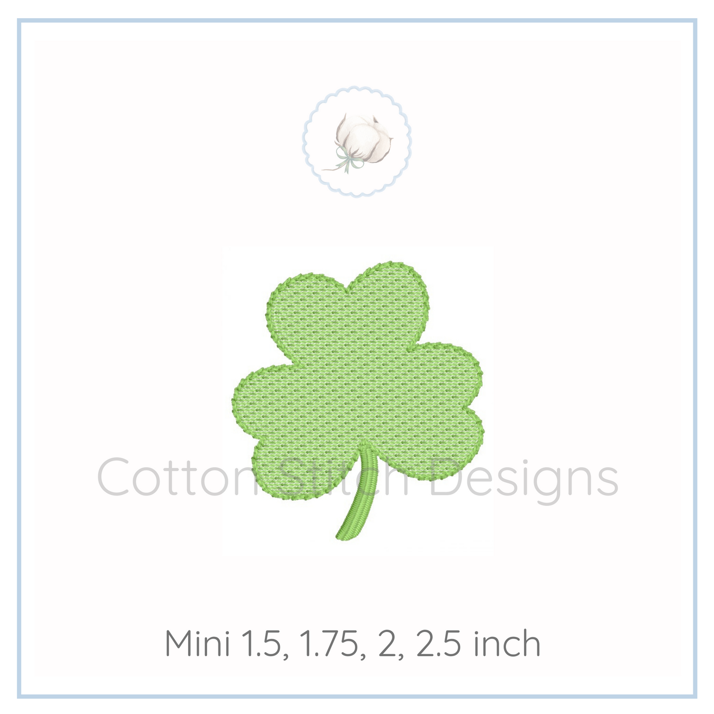 Machine Embroidery design Cotton Stitch Designs Green four-leaf clover patch on a white background with 'Cotton & Cream Designs' branding.