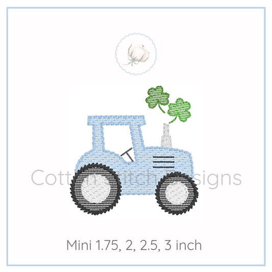 Machine Embroidery design Cotton Stitch Designs Embroidery design of a blue tractor with clover leaves on a white background, featuring the brand 'Cottontail Designs'.