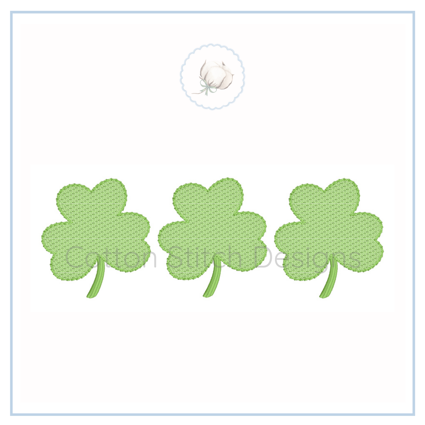 Machine Embroidery design Cotton Stitch Designs Three green four-leaf clover patches on a white background with a brand logo.