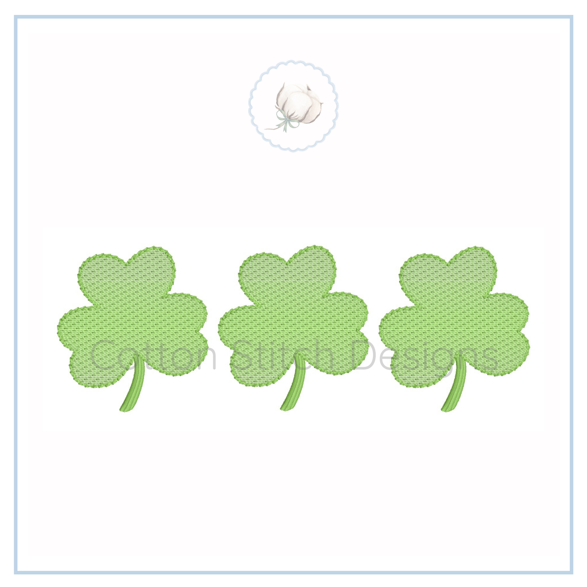 Machine Embroidery design Cotton Stitch Designs Three green four-leaf clover patches on a white background with a brand logo.