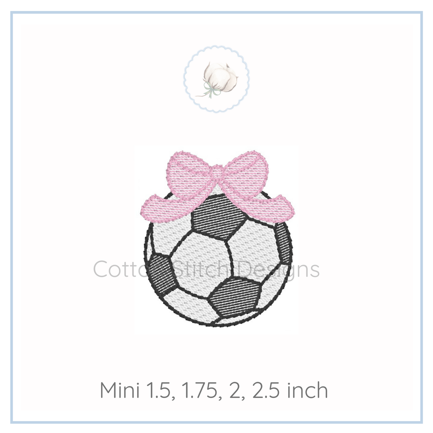 Machine Embroidery design Cotton Stitch Designs Embroidery design of a soccer ball with a pink bow on a white background, featuring the brand 'Cotton Stitch Designs'.