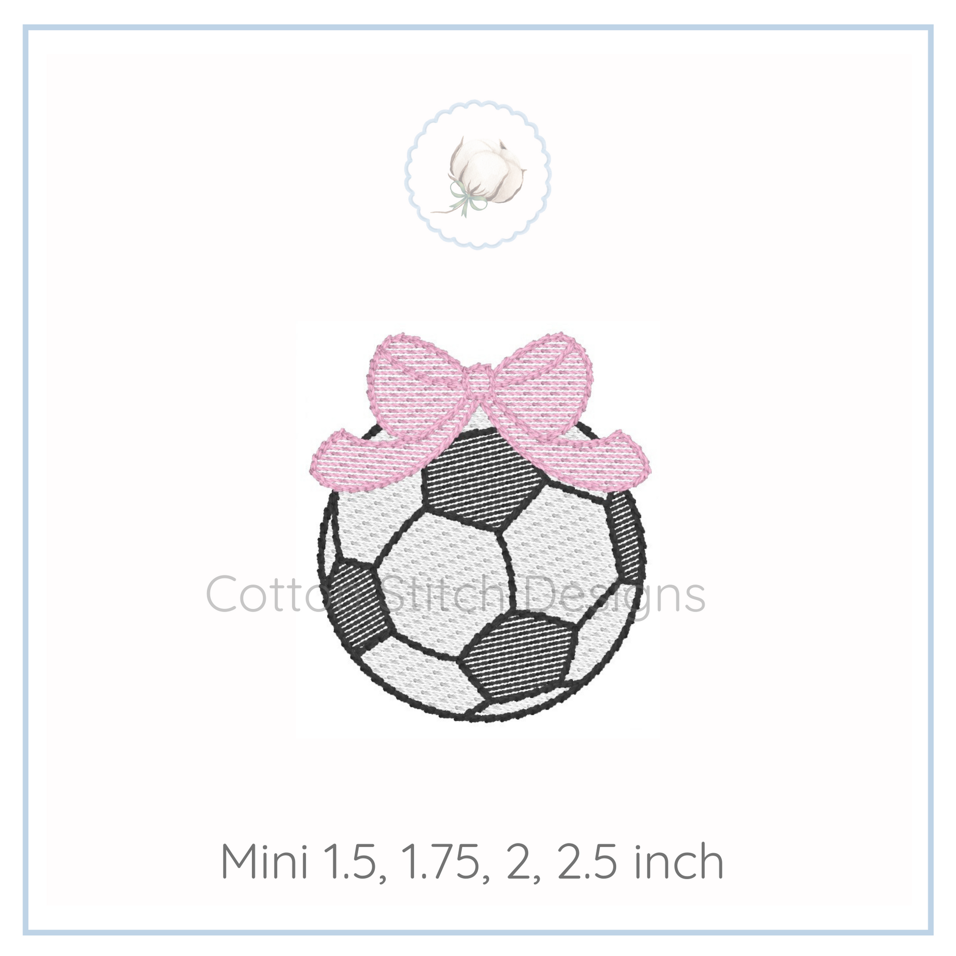 Machine Embroidery design Cotton Stitch Designs Embroidery design of a soccer ball with a pink bow on a white background, featuring the brand 'Cotton Stitch Designs'.