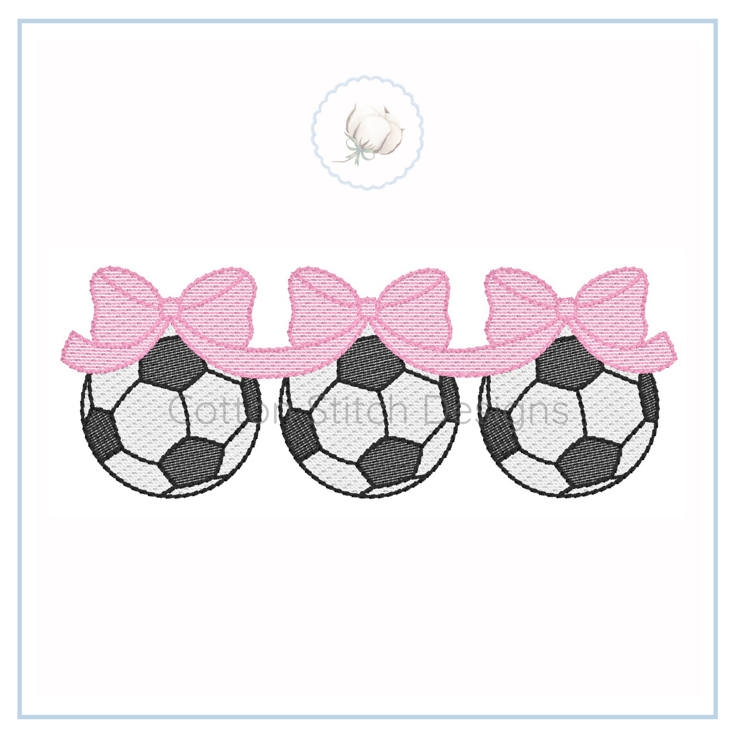 Machine Embroidery design Cotton Stitch Designs Three soccer ball designs with pink bows on a white background