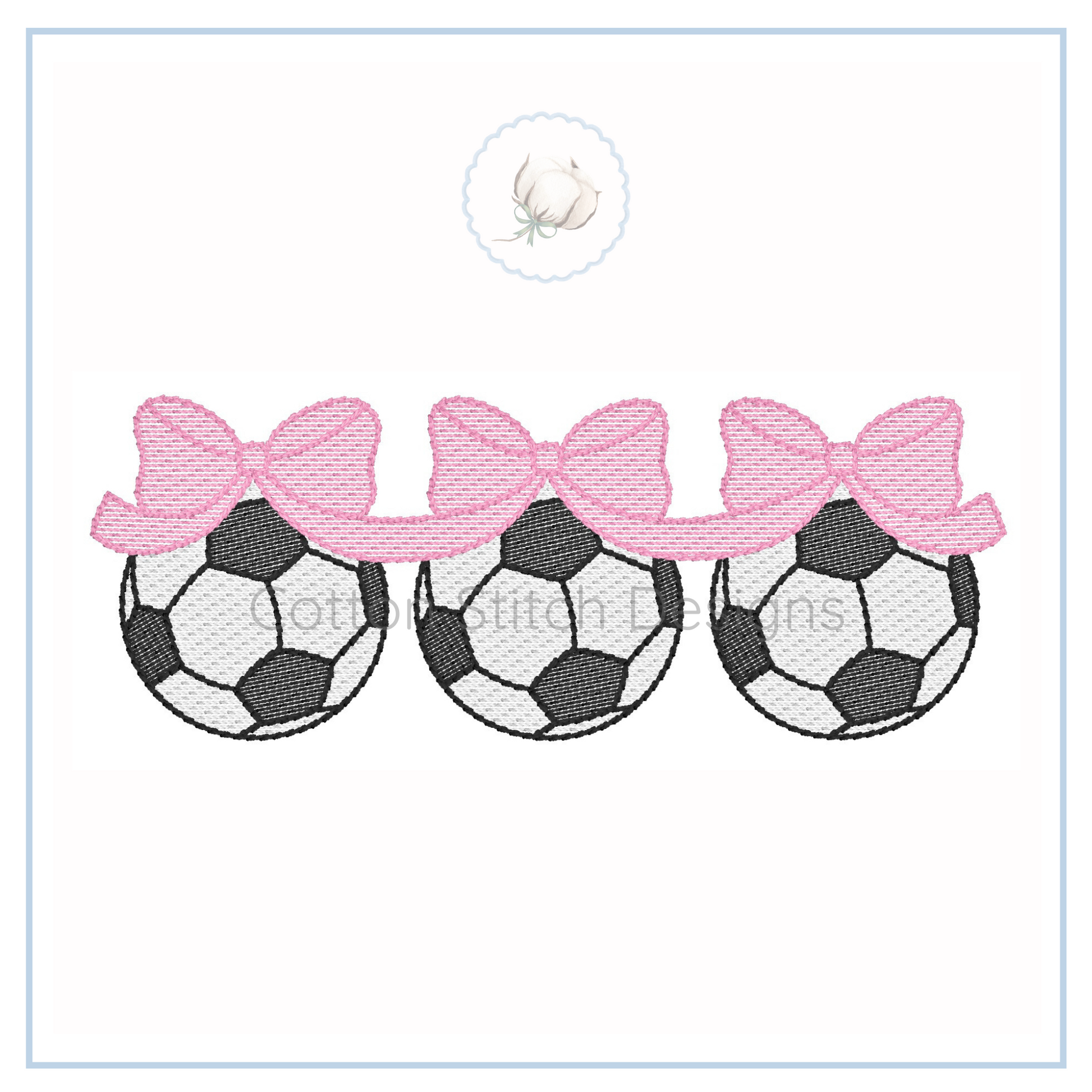 Machine Embroidery design Cotton Stitch Designs Three soccer ball designs with pink bows on a white background