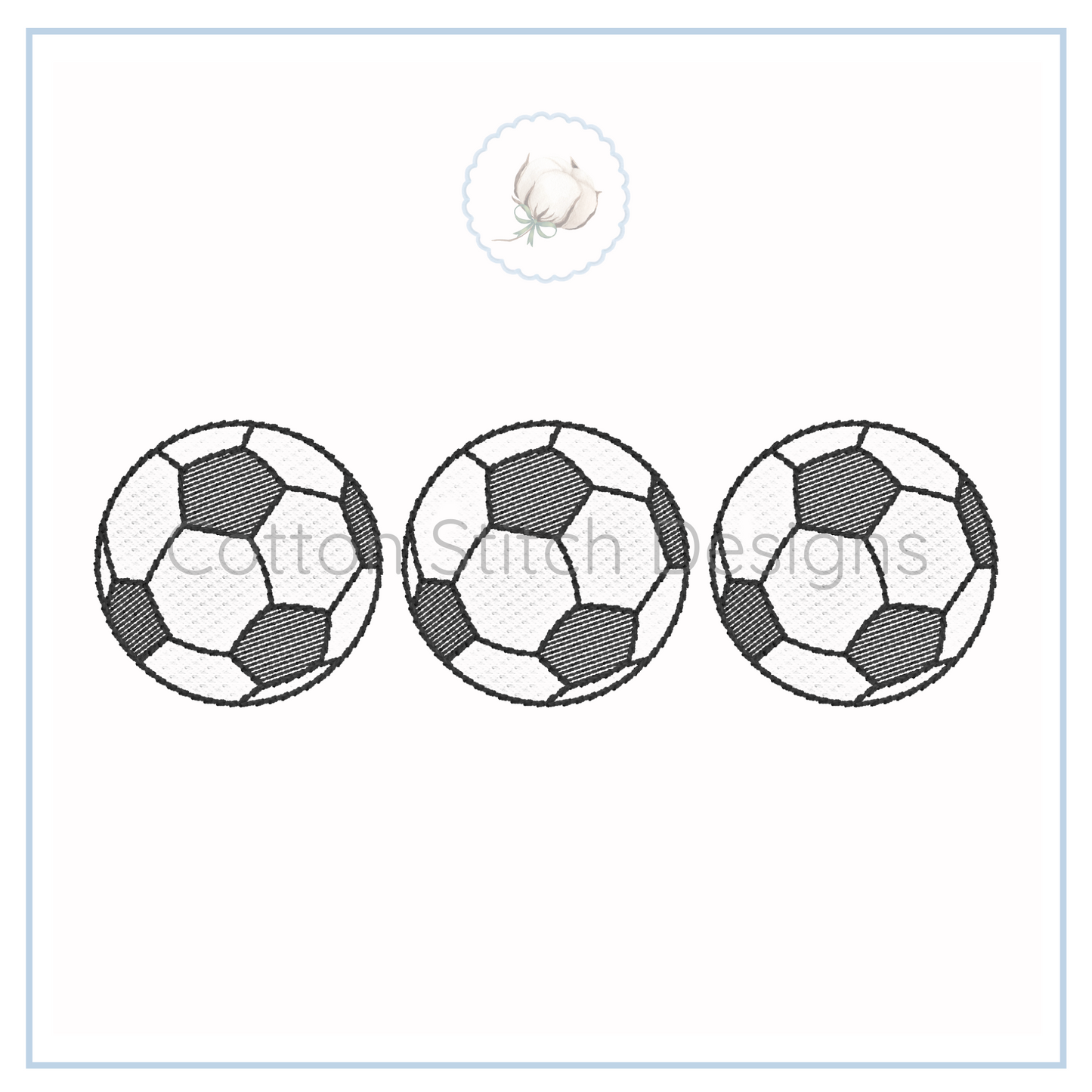 Machine Embroidery design Cotton Stitch Designs Soccer ball pattern on a white background with 'Cotton Stitch Designs' branding.