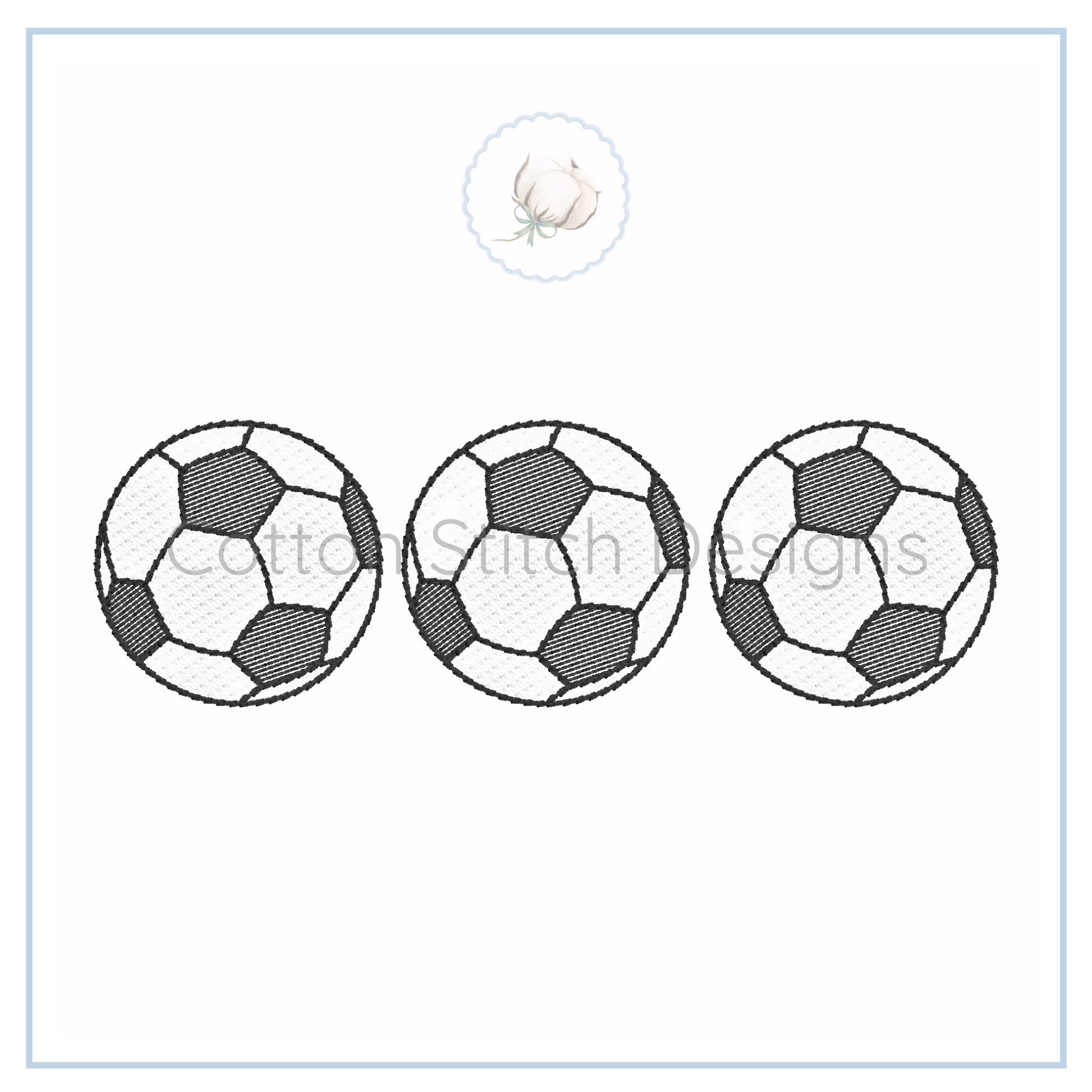 Machine Embroidery design Cotton Stitch Designs Soccer ball pattern on a white background with 'Cotton Stitch Designs' branding.