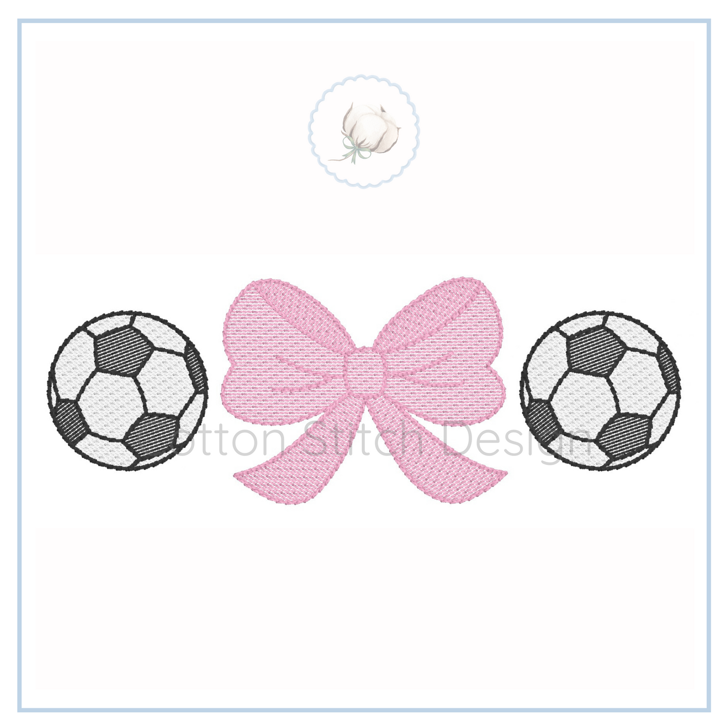 Machine Embroidery design Cotton Stitch Designs Two soccer balls with a pink bow on a white background